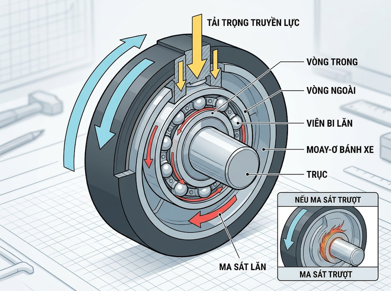 Bạc đạn ảnh hưởng thế nào đến chuyển động quay của bánh xe đẩy?