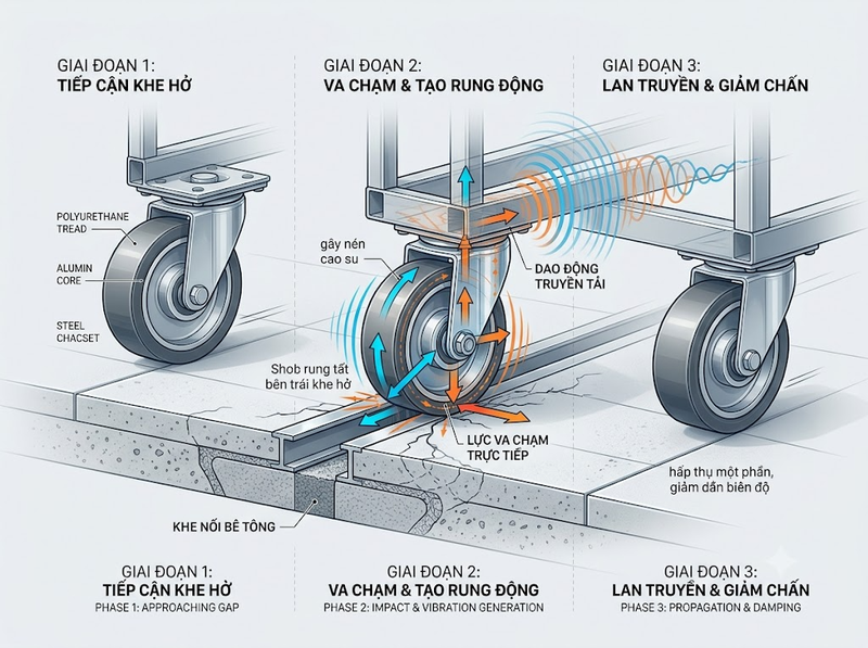 Cao su kỹ thuật giúp bánh xe đẩy giảm rung như thế nào?