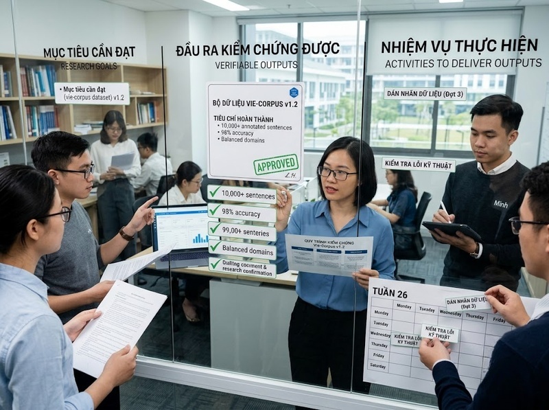 Kế hoạch thực hiện nghiên cứu nên tổ chức nhiệm vụ và mốc tiến độ thế nào?