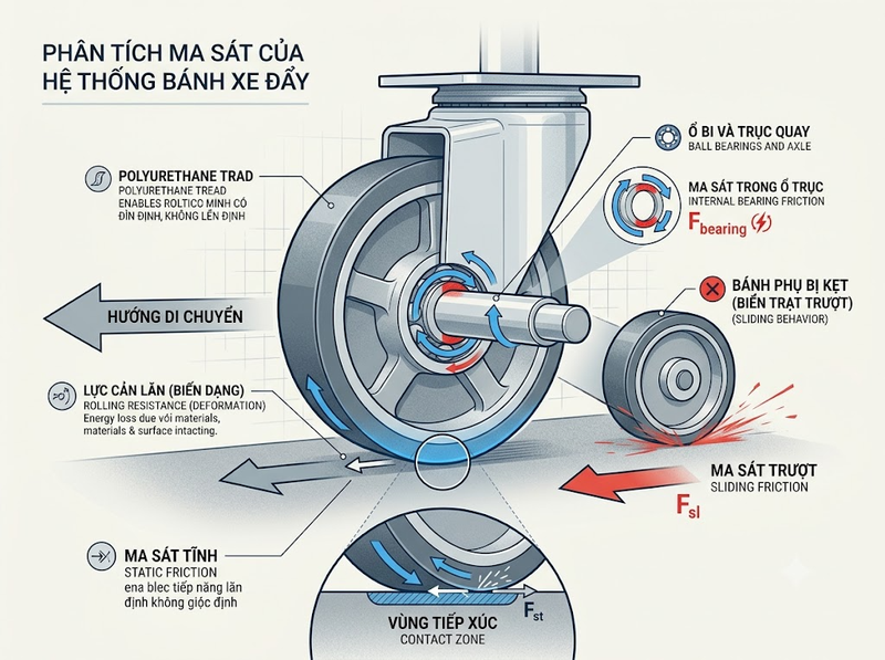 Ma sát ảnh hưởng thế nào đến khả năng di chuyển của bánh xe đẩy?