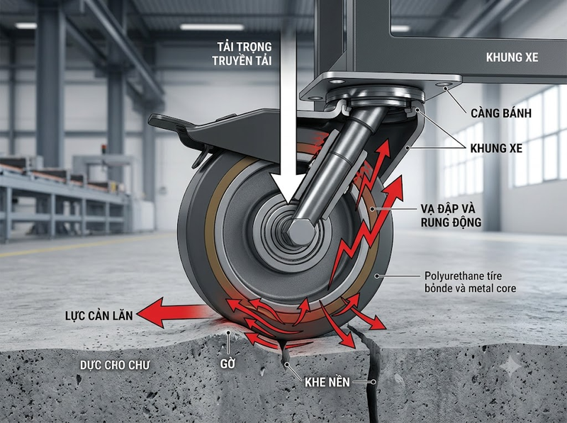 Nền nhà xưởng ảnh hưởng thế nào đến bánh xe đẩy?