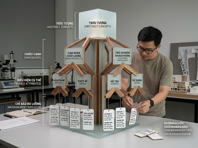 Xây dựng chỉ báo nghiên cứu từ khái niệm và thuộc tính quan sát thế nào?